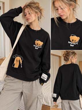 Dangerous People Bear 3D Plush Sweatshirt Black L Streetwear Y2K Kawaii Harajuku
